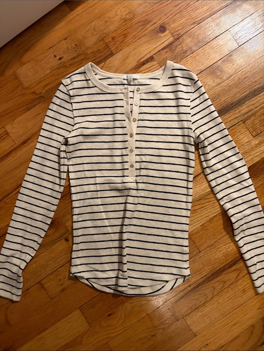 Z Supply Cream and Black Striped Henley Long Sleeve Top